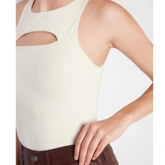Express Ivory Body Contour Sleeveless High Neck Front Cutout Thong Bodysuit - Picture 2 of 4